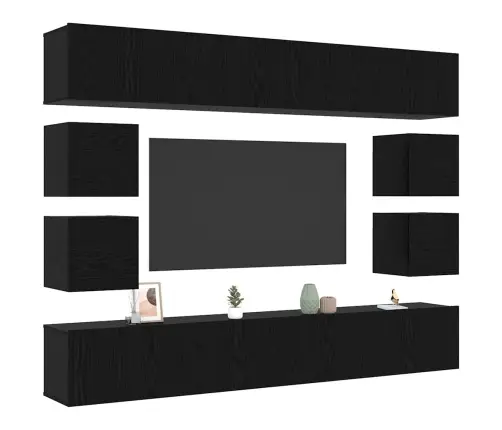 8 Daļu Tv Skapja Komplekts – Pieskrūvējams Pie Sienas Melnā Ozola Inženierijas Kokā Vidaxl