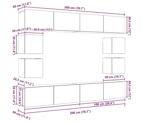 8 Daļu Tv Skapja Komplekts – Pieskrūvējams Pie Sienas Melnā Ozola Inženierijas Kokā Vidaxl