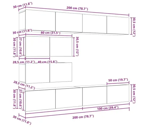 10 Gabalu Tv Skapju Komplekts - Sienas Montēts Melnā Ozola Inženierijas Koks Vidaxl