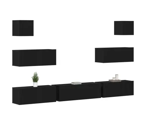 7 Daļu Tv Skapīšu Komplekts Sienām Melnā Ozolu Inženierijas Koksnē Vidaxl