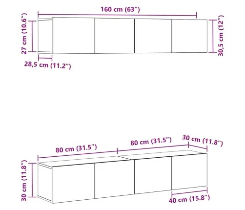 4-Daļu Pie Sienas Stiprināms Tv Skapju Komplekts Melnā Ozolkoka Krāsā Vidaxl