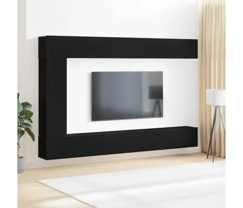 7 Daļu Tv Skapja Komplekts - Sienas Montējams, Melns Ozolkoka Inženierijas Koks Vidaxl