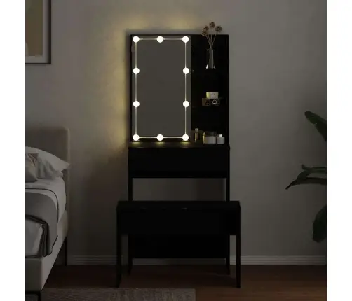 Tualetes Galda Komplekts Ar Led Melna Ozola Inženierijas Koka Vidaxl