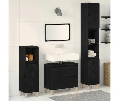 Vonios Baldų Rinkinys Su Stalčių 3 Pcs Juoda Apdirbta Mediena
