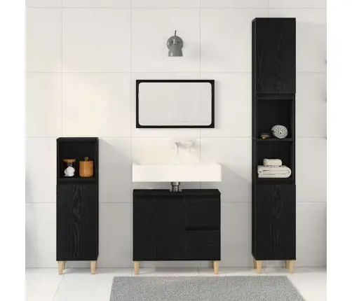 Vonios Baldų Rinkinys Su Stalčių 3 Pcs Juoda Apdirbta Mediena