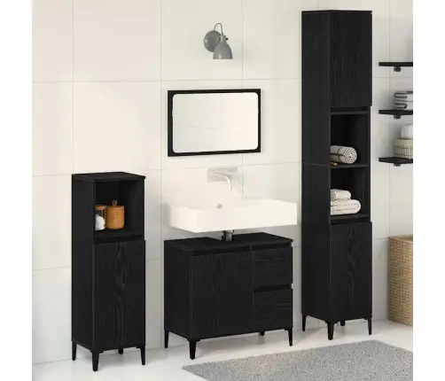 3 Daļu Vannasistabas Skapju Komplekts Melna Ozola Inženierijas Koks Vidaxl