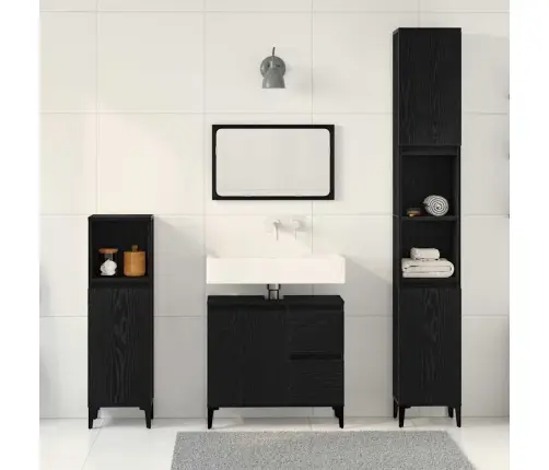 3 Daļu Vannasistabas Skapju Komplekts Melna Ozola Inženierijas Koks Vidaxl