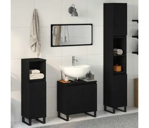 Vannitoa Mööbleset Uksega 3 Pcs Must 30 X 30 X 190 Cm Tehispuit