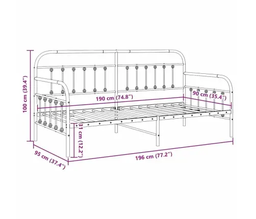 Baltais Dienas Gultas Rāmis, 90X190 Cm, Tērauds Vidaxl