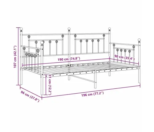 Dienas Gultas Rāmis Balts 90X190 Cm Tērauds Vidaxl