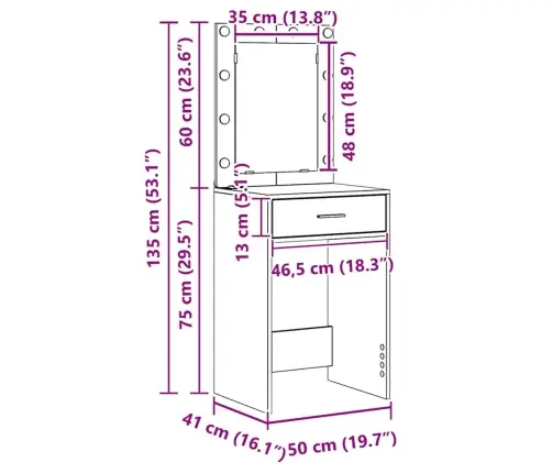 Tualetes Galds Ar Led Gaismām Balts 50X41X135 Cm Vidaxl