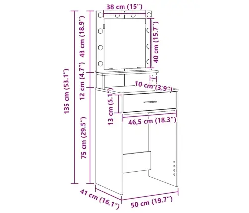 Kosmētikas Galdiņš Ar Led Gaismām, Brūns Ozols, 50X41X135 Cm Vidaxl