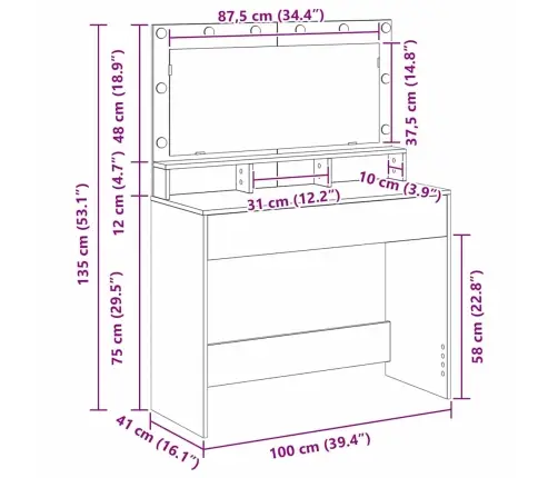 Tualetes Galdiņš Ar Led Gaismām Sonoma Ozols 100X41X135 Cm Vidaxl