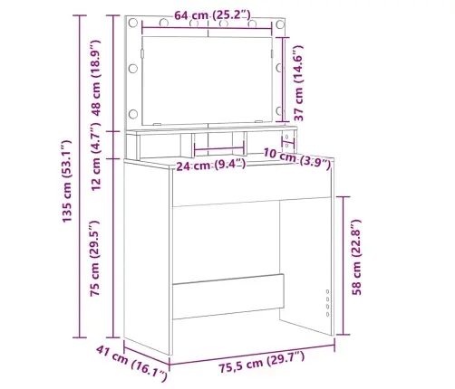 Kosmētikas Galds Ar Led Gaismām, Vecais Koks, 79X41X135 Cm Vidaxl