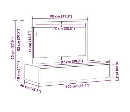 Sienā Piekārts Kosmētikas Galdiņš Betona Pelēks 100X40X70 Cm Vidaxl