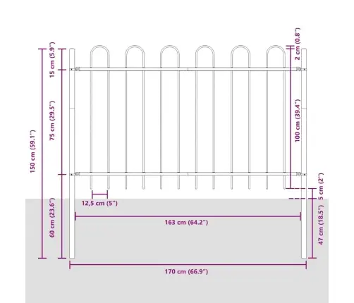 Dārza Žogs Ar Loku Augšējo Daļu - Balts - 13.6 X 1 M - Tērauds Vidaxl