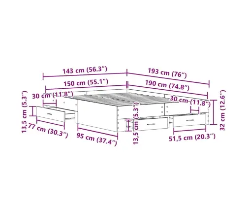 Gultas Rāmis Ar Atvilktnēm Vecs Koks Inženierijas Koks 140 X 190 Cm Vidaxl