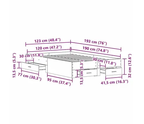 Gultas Rāmis Ar Atvilktnēm Melns Ozols 120X190 Cm Inženierijas Koks Vidaxl