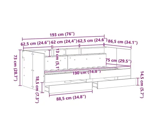 Melnā Dienas Gulta Ar Atvilktnēm Melnā Ozola Inženierijas Koks Vidaxl