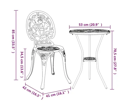 3 Vienību Dārza Bistro Komplekts Bronzas Čuguna Vidaxl