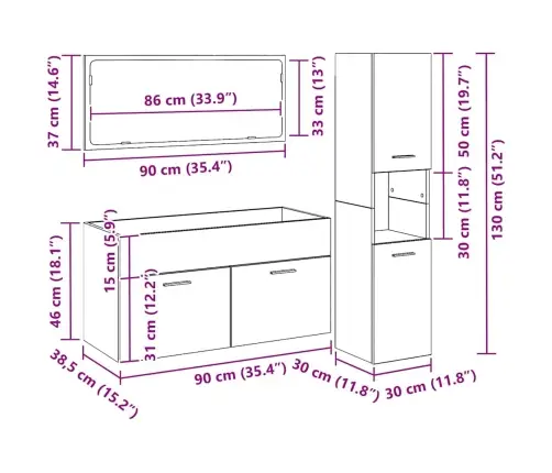 Vonios Baldų Komplektas 3 Pcs Juodas Ąžuolas 60 X 38.5 X 46 Cm