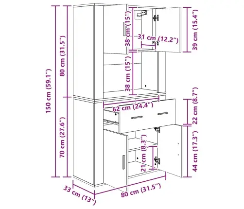 Highboardas Sena Mediena 80 X 33 X 150 Cm Apdirbta Mediena