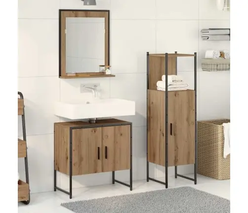 Vonios Baldų Rinkinys Su Lentyna 3 Pcs Ruda Apdirbta Mediena