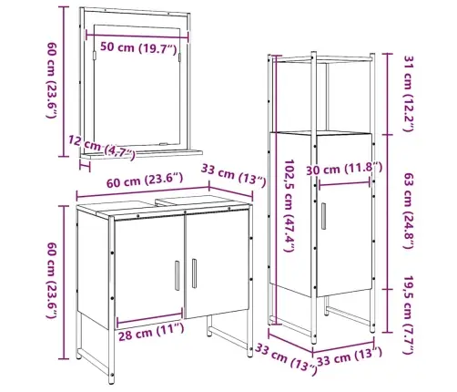 Vonios Baldų Rinkinys Su Lentyna 3 Pcs Ruda Apdirbta Mediena