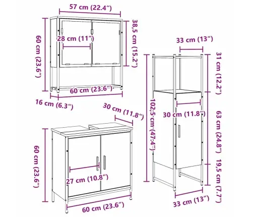Vannitoa Mööbleset 3 Pcs Pruun 33 X 33 X 102.5 Cm Tehispuit