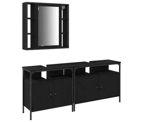 Vonios Spintelės Su Lentyna 3 Pcs Juoda Apdirbta Mediena