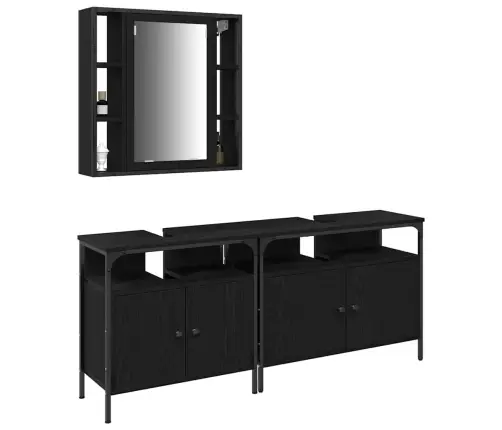 Vonios Spintelės Su Lentyna 3 Pcs Juoda Apdirbta Mediena