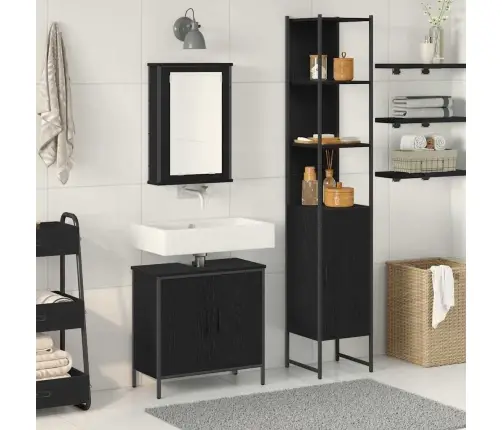 Vonios Baldų Rinkinys Su Lentyna 3 Pcs Juoda Apdirbta Mediena