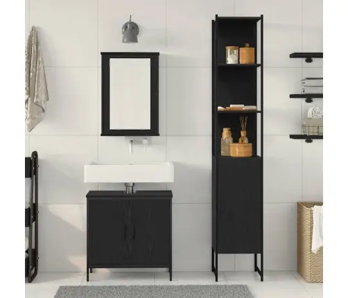 Vonios Baldų Rinkinys Su Lentyna 3 Pcs Juoda Apdirbta Mediena