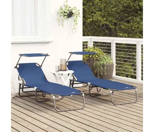 Salokāmie Sauļošanās Krēsli 2 Gab. Ar Nojumi Zils 600D Oxford Audums Vidaxl