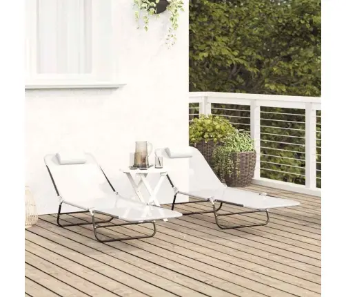 Saliekamie Sauļošanās Krēsli 2 Gab. Ar Galvas Balstu Krēmkrāsas Tekstilēna Vidaxl