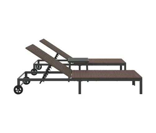 Sauļošanās Krēsli 2 Gab. Ar Riteņiem Un Galdu Brūns Polietilēna Rotangpalma Vidaxl