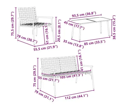 4 Daļu Āra Kafijas Komplekts - Brūns Rāts Ar Tērauda Detaļām. Vidaxl