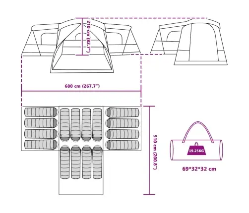 Telts Zaļa 680 X 510 X 210 Cm 185T Poliesters Ar Pu Pārklājumu Vidaxl
