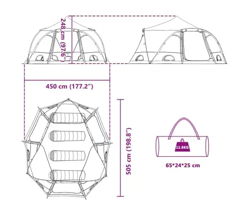 Kupola Telts Ar Jumtu Ar Uzglabāšanu Zaļa 505 X 450 X 248 Cm Vidaxl