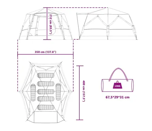 Kabintelk Sinine 400 X 350 X 212 Cm 185T Polüester Pu-Kattega