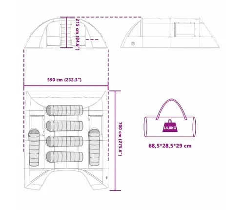 Tunelinė Palapinė Su Stogu Mėlyna Ir Pilka 700 X 590 X 215 Cm