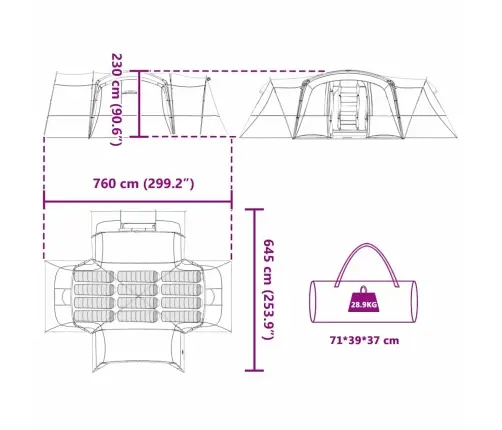 Ģimenes Telts Ar Jumtu Zila Un Pelēka 760 X 645 X 230 Cm Vidaxl