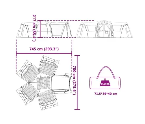 Ģimenes Telts Ar Jumtu Zila Un Pelēka 745 X 700 X 217 Cm Vidaxl