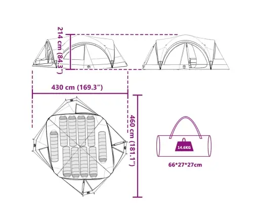 Šeimos Palapinė Su Stogu Žalia Ir Pilka 460 X 430 X 214 Cm