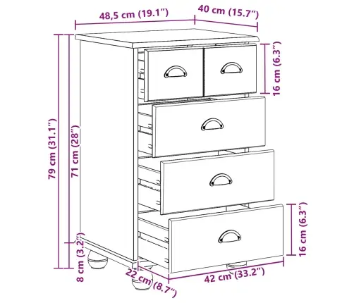 Atvilktņu Skapis 'Askim'balts 45.8X40X79 Cm Cieta Koksne Priežu Vidaxl