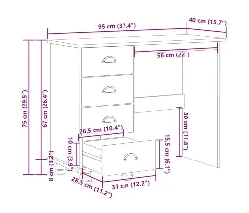 Galds 'Askim'ar Atvilktnēm 95X40X75 Cm Masīvkoka Priede Vidaxl