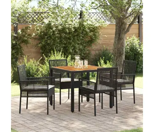 5 Gabalu Dārza Ēdamgalds Ar Spilveniem Melnā Polietilēna Rotangpalma Vidaxl