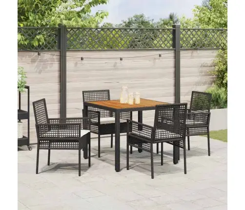 5 Gabalu Dārza Ēdamgalds Ar Spilveniem Melnā Polietilēna Rotangpalma Vidaxl