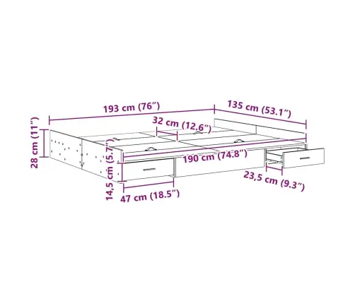 Gultas Ar Uzglabāšanas Vietu Amatnieku Ozola 135 X 190 Cm Vidaxl