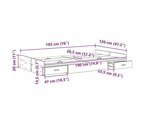 Gultas Ar Uzglabāšanas Vietu Betona Pelēka 120 X 190 Cm Mdf Vidaxl